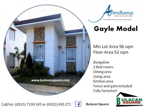 Subdivision: Amihana Developer: Rocka Homes and Villas the developer for executive yet affordable subdivision Location: right beside Cool Waves Resort San Nicolas, Bulakan, Bulacan   Gayle Bungalow TCP: 1,723,035 Minimum Lot Area: 96sqm Floor Area: 52sqm 