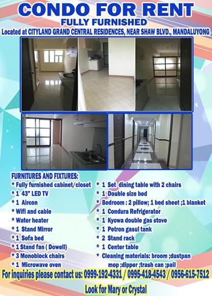 FOR RENT / LEASE: Apartment / Condo / Townhouse Manila Metropolitan Area > Mandaluyong