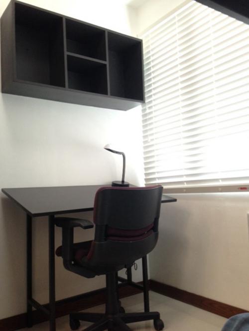 overhead shelf, drafting table, ergonomic chair, desk lamp