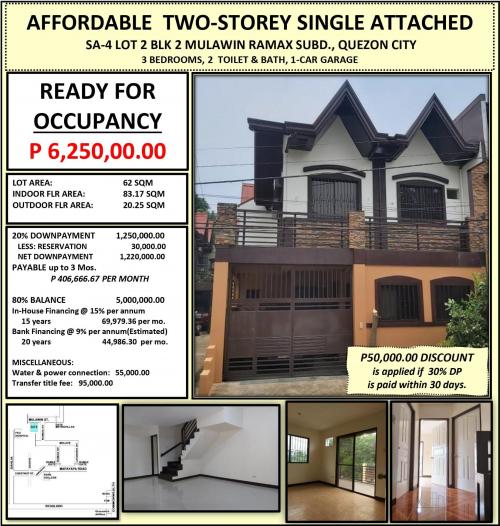 Ready For Occupancy Unit SA-5 Lot 18 Blk 4 Pine St. West Fairview Quezon City Affordable Two Storey Single Attached Unit 3, Bedrooms, 2 Toilet & Bath, 1 Car Garage